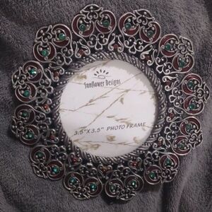 Sunflower Designs Circular Gray Metal Red & Green Gems Ornate Frame 3.5"x3.5